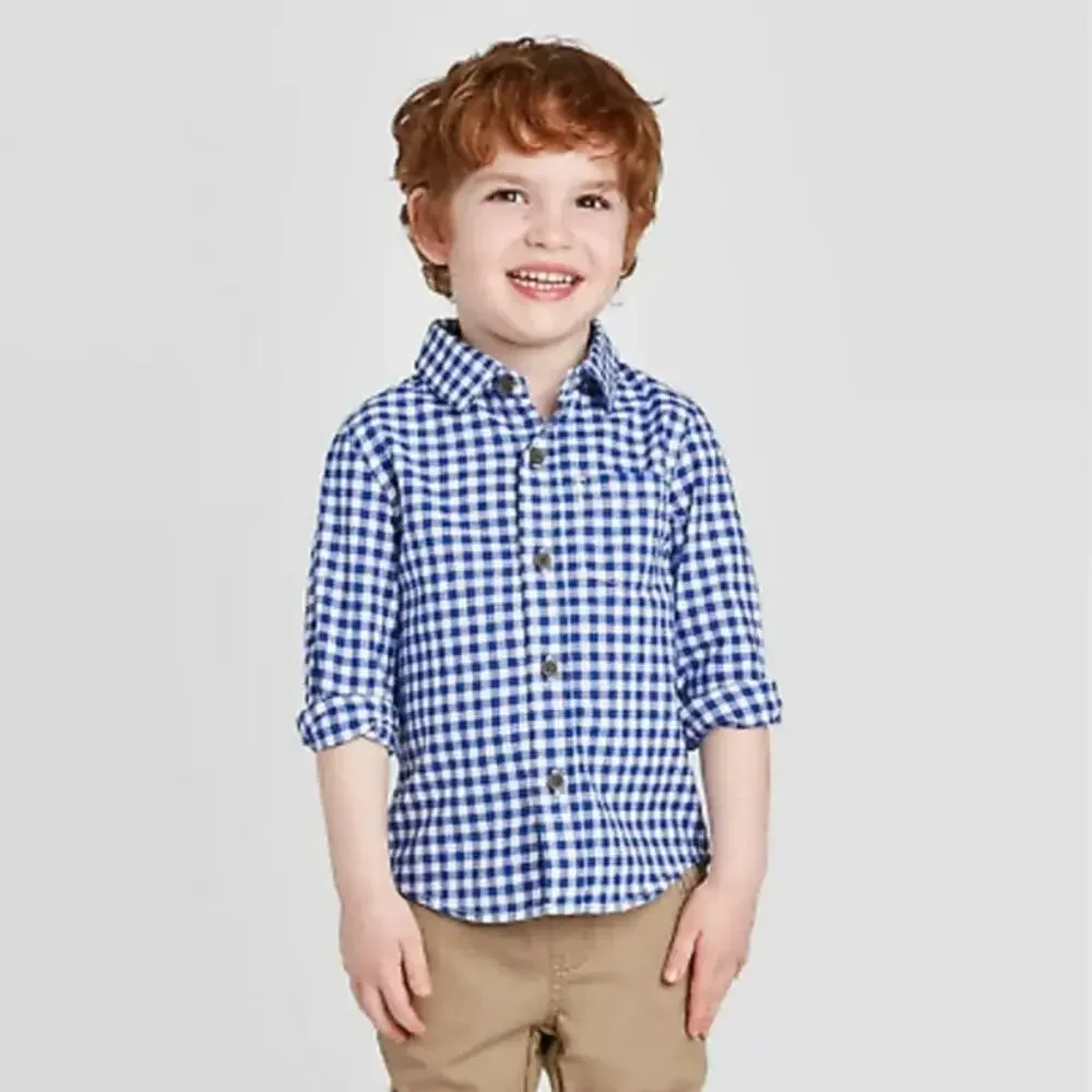NWT Cat & Jack Boys' Blue Gingham Plaid Button Down Top Baby Size 12 Months - Picture 1 of 7